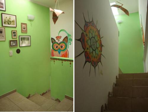 two pictures of a staircase in a room with green walls at Habitaciones en casa encantada para viajeros in Gualeguaychú