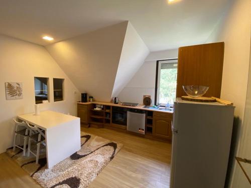 eine Küche im Dachgeschoss mit einem Kühlschrank und einem Tisch in der Unterkunft Villa Arche 2 in Neuenkirchen-Vörden