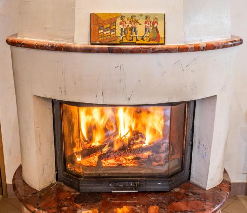 a stove with a fire inside of it at Apartments Bohinj Mavrica in Bohinj