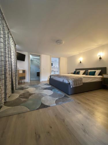 a large bedroom with a bed and a desk at Garsonierele Scandinav in Predeal
