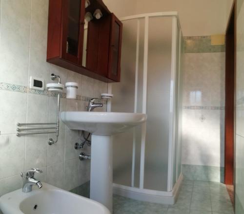 a bathroom with a sink and a shower at Casa nel Delta del Po in Scardovari