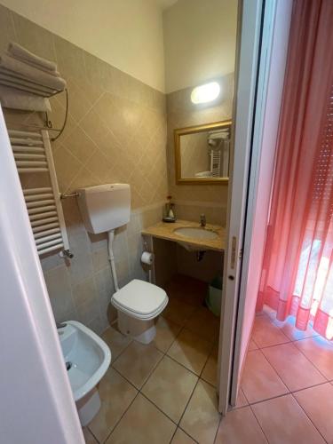 Hotel Magda في Novafeltria: حمام صغير مع مرحاض ومغسلة