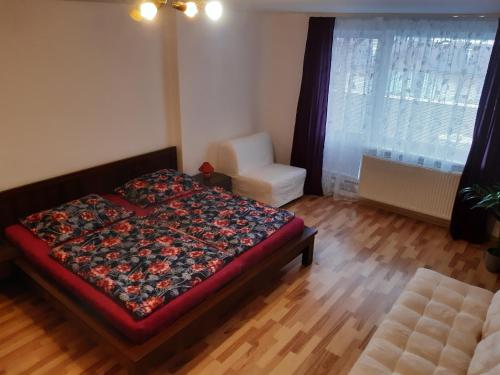 1 dormitorio con 1 cama, 1 silla y 1 ventana en APARTMÁNY Fortuna, en Dolný Smokovec