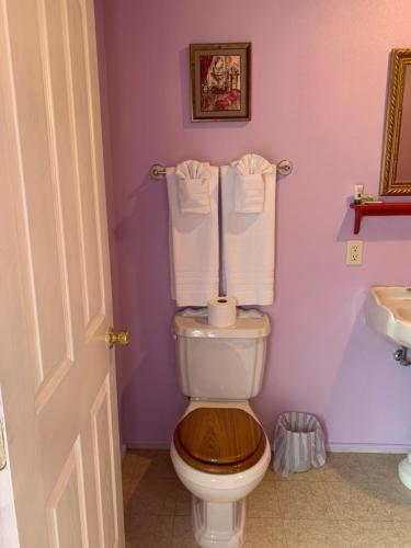 a bathroom with a toilet with two towels above it at Tombstone Bordello Bed & Breakfast in Tombstone
