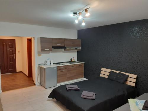 1 dormitorio con 1 cama y cocina pequeña en APARTMÁNY Fortuna, en Dolný Smokovec
