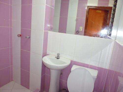 クスコにあるHospedaje Pumacurco Bettyのバスルーム(洗面台、トイレ、鏡付)