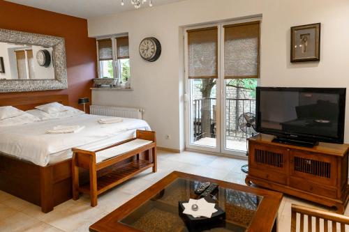 Televízia a/alebo spoločenská miestnosť v ubytovaní Apartament Kawowy