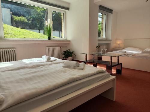 a bedroom with a large bed and two windows at Vila Prag in Prague