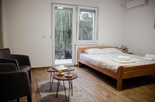 a bedroom with a bed and a couch and a window at Central park in Vrdnik