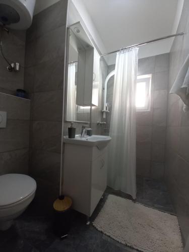 a bathroom with a sink and a toilet and a mirror at Apartman Maja in Kaštela