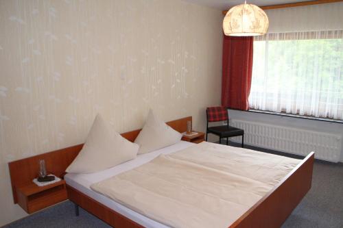 - une chambre avec un lit, une chaise et une fenêtre dans l'établissement Gasthaus Zum Hohenstein, à Ober-Kainsbach