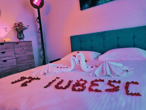 a bed with a hello kitty written on it at Stablo guest house in Bărăşti