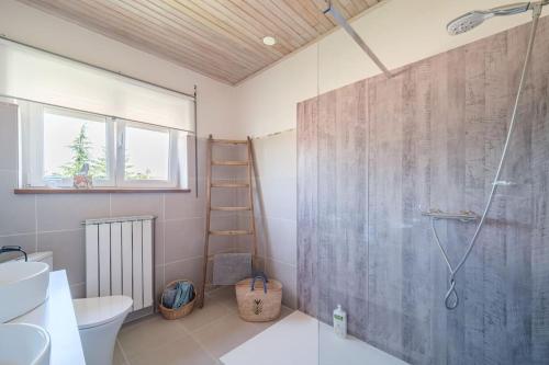 een badkamer met een douche, een toilet en een wastafel bij Cosy Home in South Alsace for work and leisure in Pfastatt