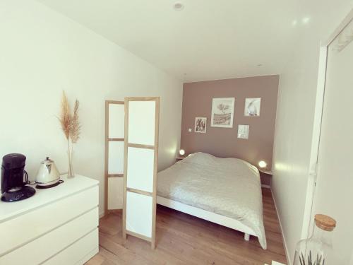 1 dormitorio con cama y espejo en maison moderne proche centre ville/hôpital en Angers