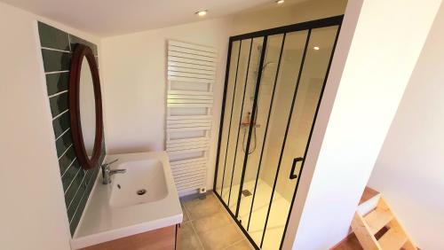 a bathroom with a shower and a sink and a mirror at Chambre paisible chez l'habitant en rez de chaussée avec salle d'eau 10 min gare et centre ville in Évreux