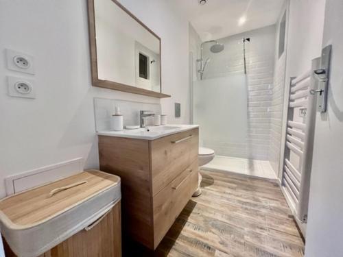 ein Bad mit einem Waschbecken, einem WC und einer Dusche in der Unterkunft Bohème Chic - parking- 80m des arènes in Nîmes