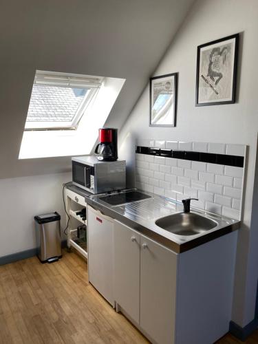 a small kitchen with a sink and a window at Studio Cocooning in Saint-Samson-sur-Rance