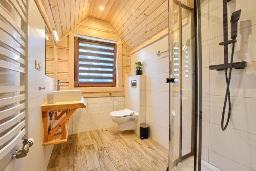 a bathroom with a shower and a toilet and a sink at Cicha Przystań Dzianisz z sauną i gorącą balią in Dzianisz
