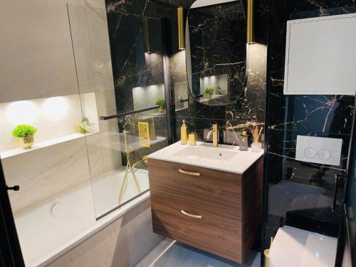 a bathroom with a sink and a shower and a tub at Toscana - Luxury Duplex Rouen in Rouen