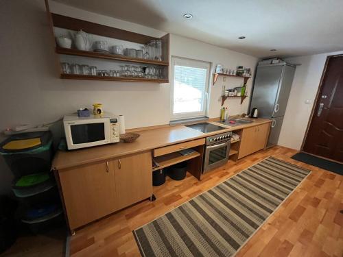 eine Küche mit einer Mikrowelle auf einer hölzernen Arbeitsplatte in der Unterkunft Halka Apartment 4 in Rabčice