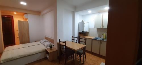 a small room with a bed and a table and a kitchen at Apartment Riki 2 in Ohrid