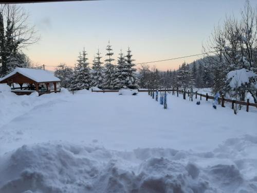a snow covered yard with a gazebo and trees at Chalet Woody in Stara Sušica