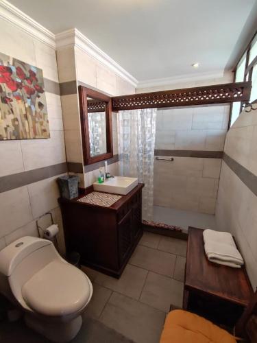 a bathroom with a toilet and a sink and a shower at Casatodosantos in Cuenca