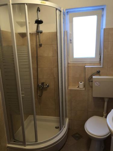 a bathroom with a shower with a toilet and a window at Apartment Zuljana 10112a in Žuljana