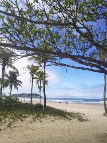 una spiaggia con palme e l'oceano di Enseada- 400m Aquário. Apt espaçoso e aconchegante a Guarujá