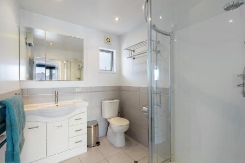 a bathroom with a toilet and a sink and a shower at Ballarat Bungalow in Queenstown