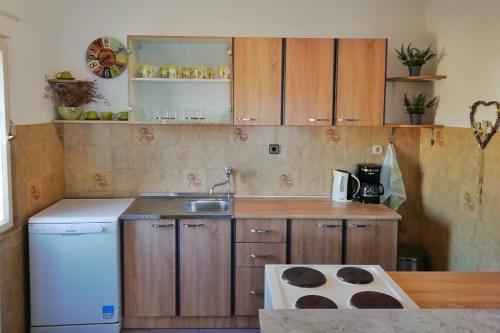 eine kleine Küche mit Holzschränken und einem Waschbecken in der Unterkunft Apartments by the sea Cove Pjestata, Peljesac - 10236 in Blaževo