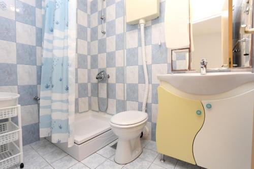 La salle de bains est pourvue d'un lavabo, de toilettes et d'une douche. dans l'établissement Apartments by the sea Zuljana, Peljesac - 10228, à Žuljana