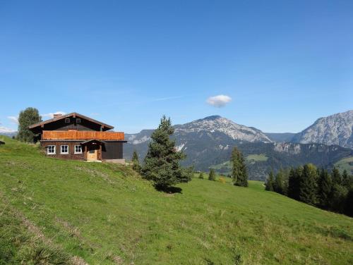 a house on a hill with mountains in the background at The Pirklalm in Pruggern