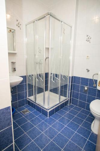 a blue tiled bathroom with a shower and a toilet at Apartments by the sea Zubovici, Pag - 9678 in Zubovići