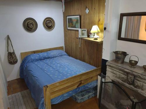 a bedroom with a wooden bed and a mirror at Cabaña para disfrutar en cualquier ocasión. in Burzaco