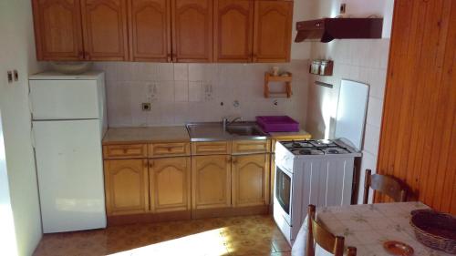 a kitchen with wooden cabinets and a white refrigerator at Apartments with a parking space Smrika, Kraljevica - 12055 in Šmrika