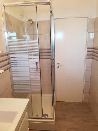 a shower with a glass door in a bathroom at Apartments and rooms by the sea Nevidjane, Pasman - 11902 in Neviđane