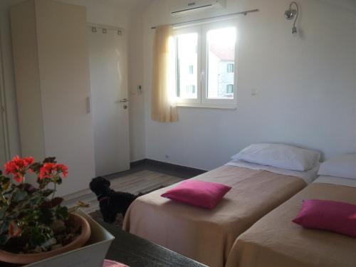 een kamer met twee bedden en een hond die tussen hen zit bij Apartments with a parking space Vodice - 12206 in Vodice