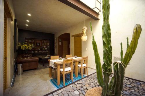 une salle à manger avec une table et un cactus dans l'établissement Casa Carmen Reforma, à Oaxaca