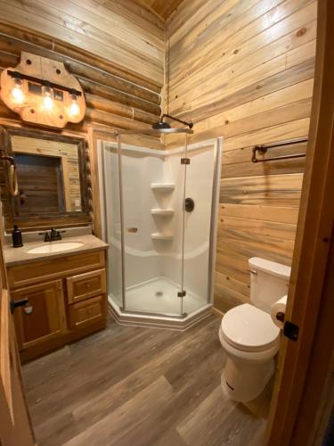 a bathroom with a shower and a toilet and a sink at Alaska Knotty Pine B&B in Palmer