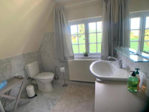une salle de bain avec un lavabo, des toilettes et une baignoire dans l'établissement Top Lage! Charmantes Landhaus 5 Geh-Min v. Strand, à Timmendorfer Strand