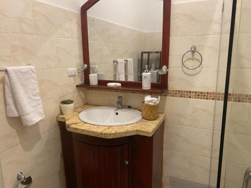 a bathroom with a sink and a shower at Espectacular BZII, bayahibe in Bayahibe