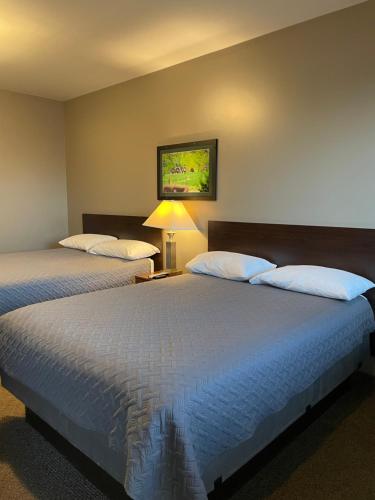 2 Betten in einem Hotelzimmer mit in der Unterkunft Plaza Inn in Sabetha