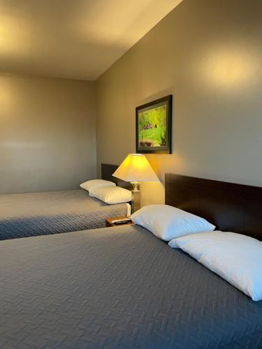 a hotel room with two beds and a lamp at Plaza Inn in Sabetha