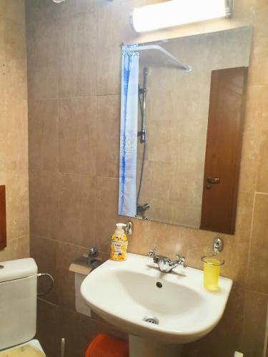 a bathroom with a sink and a mirror and a toilet at Mountain View Pirin Golf in Bansko