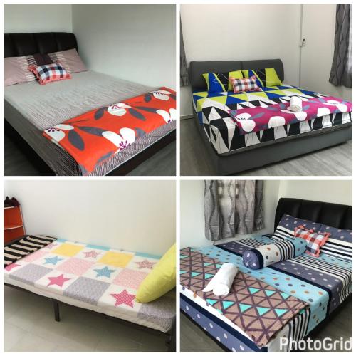 four different pictures of a bed and a bed frame at Homestay Teratak Kasih Astana height in Sandakan