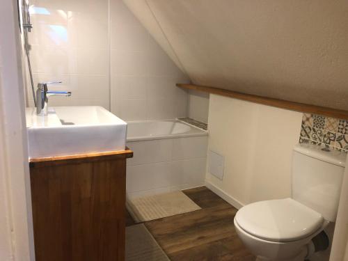 a bathroom with a sink and a toilet and a tub at Appartement Domaine de la Freslonnière in Le Rheu