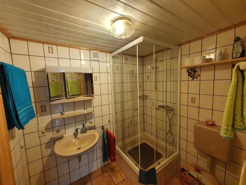 y baño con lavabo y ducha. en Ferienwohnung Burgblick, en Burgen