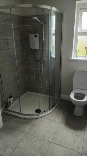 a shower stall in a bathroom with a toilet at Fabulous Belmullet Townhouse in Belmullet