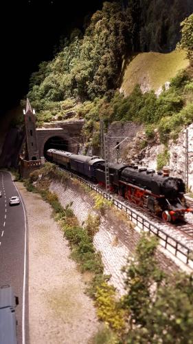 un train sortant d'un tunnel à côté d'une route dans l'établissement Feriendomizil Annette`s Scholle, à Sondershausen